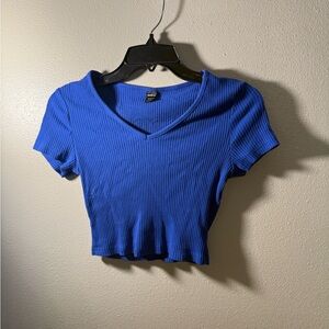 Blue Ribbed V-Neck Crop Top